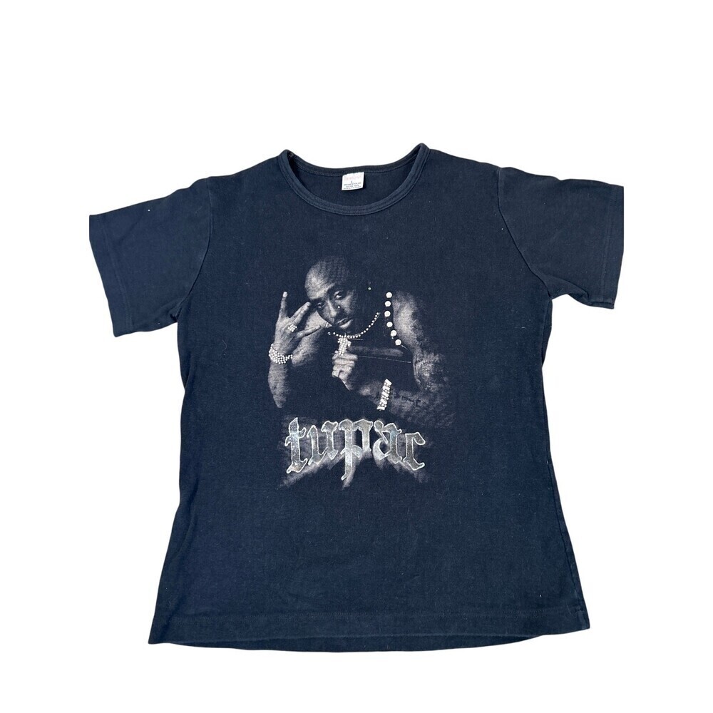 Tupac Shakur babydoll Tee foiled rhinestone black/white stretch cropped SZ LG